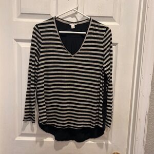 Fossil Black Beige Striped Long Sleeve Top V Neck Medium Silk Wool Quiet Luxury